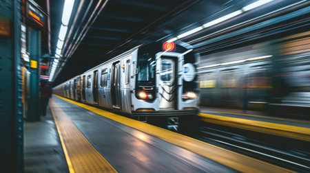 A subway train leaving a station, with motion blur to convey speedの素材