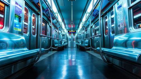 A subway train interior with empty seats and handrails, illuminated by overhead lightsの素材