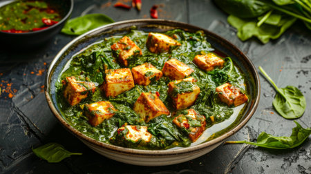 A vibrant bowl of spinach saag paneer curry with soft cubes of paneer cheeseの素材