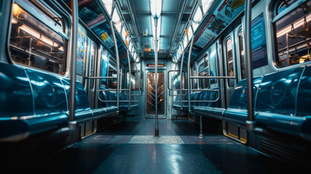 A subway train interior with empty seats and handrails, illuminated by overhead lightsの素材