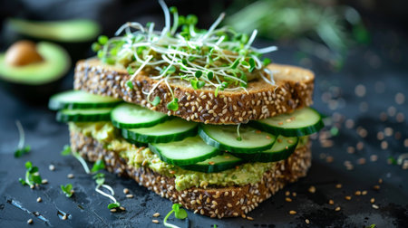 A vegetarian sandwich with hummus, avocado, cucumber, and sprouts on whole grain breadの素材