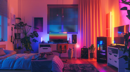 A teenager's room with colorful LED speakers synced to music, creating a vibrant atmosphereの素材