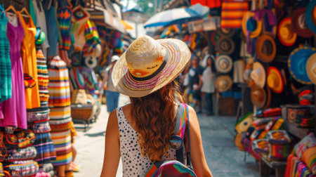 A tourist browsing a local market, filled with colorful goods and vibrant street vendorsの素材