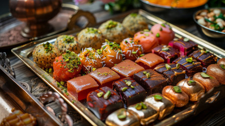 A tray of assorted Indian sweets like gulab jamun, jalebi, and barfi, garnished with pistachiosの素材