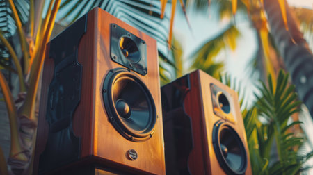 Close-up of outdoor speakers installed on a patio, weatherproofed for all seasonsの素材