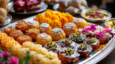A tray of assorted Indian sweets like gulab jamun, jalebi, and barfi, garnished with pistachiosの素材