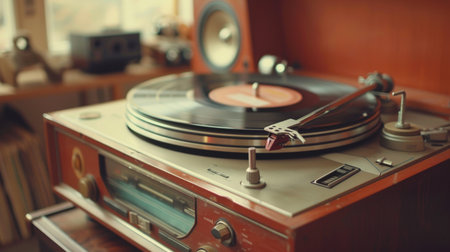 A vintage record player with built-in speakers, spinning vinyl recordsの素材