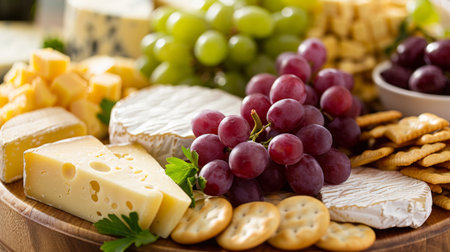 Close-up of a cheese board with a variety of cheeses, grapes, and crackersの素材