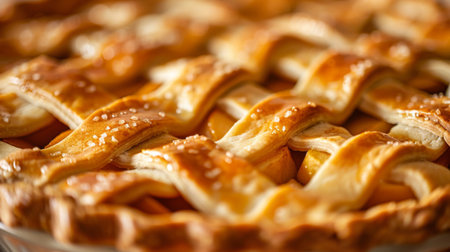 Close-up of a freshly baked apple pie with a golden lattice crustの素材