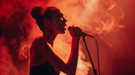 A vocalist performing with a wireless microphone, engaging the audience with expressive gesturesの素材