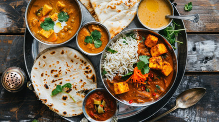 A traditional thali platter with assorted Indian dishes like dal, paneer tikka, vegetable curry, and rotiの素材