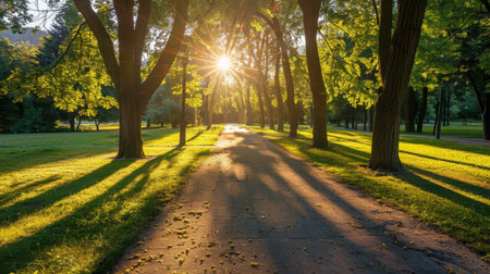 Shadows of trees cast on a sunlit pathway in a tranquil park settingの素材
