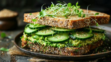 A vegetarian sandwich with hummus, avocado, cucumber, and sprouts on whole grain breadの素材