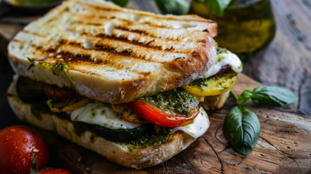 A vegetarian panini with grilled vegetables, mozzarella, and pesto on focaccia breadの素材