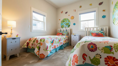 A twin children's bedroom with matching beds, colorful bedspreads, and playful wall stickersの素材