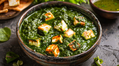 A vibrant bowl of spinach saag paneer curry with soft cubes of paneer cheeseの素材