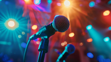 Close-up of a handheld microphone with colorful stage lights in the backgroundの素材