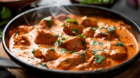Close-up of a steaming bowl of spicy chicken tikka masala with creamy tomato sauceの素材
