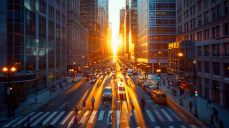 Dramatic shadows of skyscrapers stretching across a busy city street at sunsetの素材