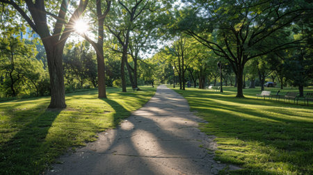 Shadows of trees cast on a sunlit pathway in a tranquil park settingの素材