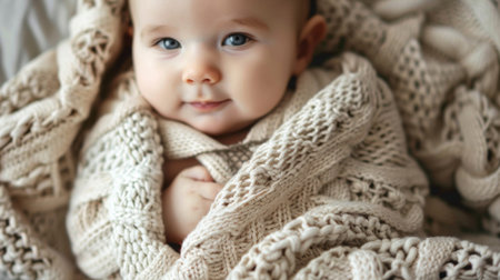 Close-up of a newborn baby wrapped in a soft, hand-knitted blanketの素材