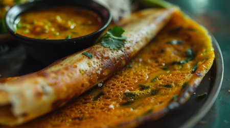 Close-up of a traditional South Indian dosa with sambar and coconut chutneyの素材