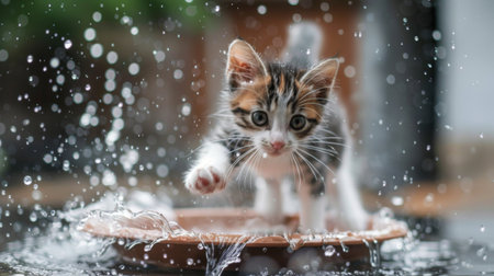 A playful kitten splashing in a shallow water dish, droplets flying everywhereの素材