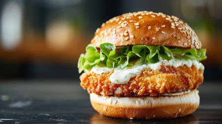 A seafood burger with a crispy fish fillet, lettuce, and tartar sauce on a sesame seed bunの素材