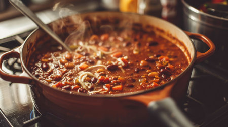 A pot of chili cooking on a stovetop, with a ladle resting on the sideの素材