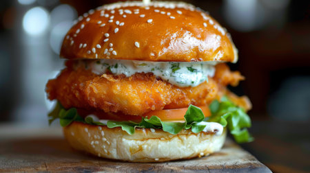 A seafood burger with a crispy fish fillet, lettuce, and tartar sauce on a sesame seed bunの素材