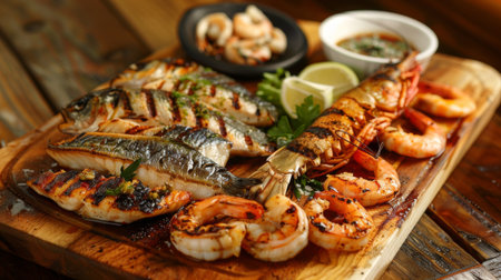 A seafood platter with grilled fish fillets, calamari rings, and prawns on a wooden boardの素材