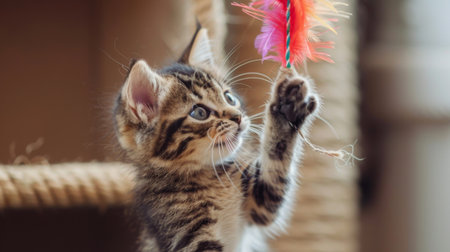 A playful kitten batting at a dangling feather toy, eyes focused and ears perkedの素材