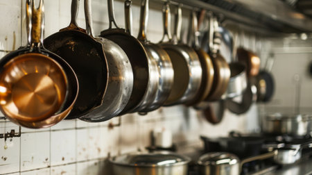 A row of pots and pans of various sizes and shapes hanging from a kitchen rackの素材