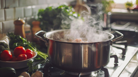 A pot of hearty soup boiling on a stovetop, with fresh ingredients nearbyの素材