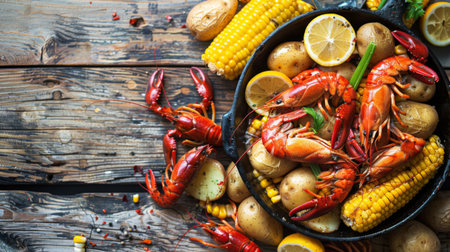 A seafood boil with crawfish, corn on the cob, and potatoes on a wooden tableの素材