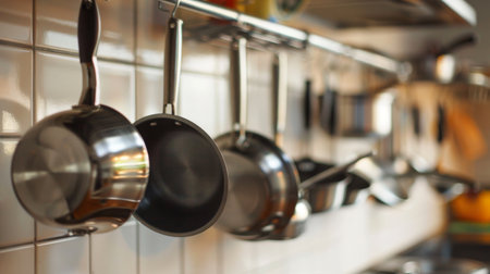 A row of pots and pans of various sizes and shapes hanging from a kitchen rackの素材