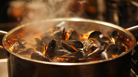 A steaming pot of mussels in a savory broth, ready to be servedの素材