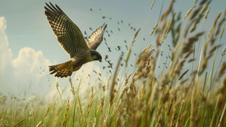 A swift falcon swooping down to catch prey in a grassy field, wings fully extendedの素材