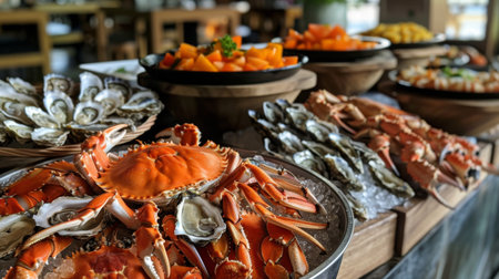 A seafood buffet with crab legs, oysters on the half shell, and grilled fishの素材