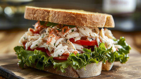 A seafood sandwich with crab meat, lettuce, and tomato on toasted breadの素材