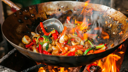 A wok filled with a vibrant stir-fry, being cooked over a high flameの素材