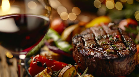 Close-up of a gourmet steak dinner with grilled vegetables and a glass of red wineの素材