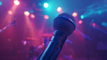 Close-up of a handheld microphone with colorful stage lights in the backgroundの素材