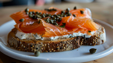 An open-faced sandwich with smoked salmon, cream cheese, and capers on rye breadの素材