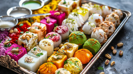 A tray of colorful Indian desserts including rasgulla, kulfi, and rasmalai, garnished with nutsの素材
