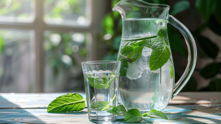 A tall glass of water next to a pitcher filled with water and mint leavesの素材