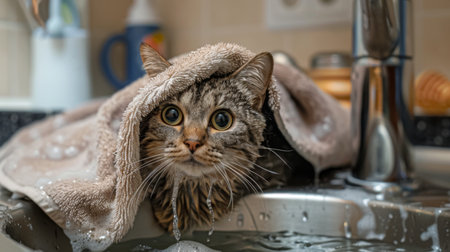 A wet cat being gently bathed in a kitchen sink, wrapped in a fluffy towel afterwardの素材