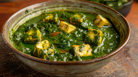 A vibrant bowl of spinach saag paneer curry with soft cubes of paneer cheeseの素材