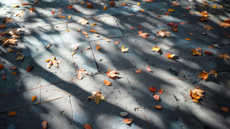 Shadows of leaves dancing in the wind on a sidewalk during a sunny dayの素材