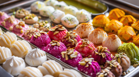 A tray of colorful Indian desserts including rasgulla, kulfi, and rasmalai, garnished with nutsの素材